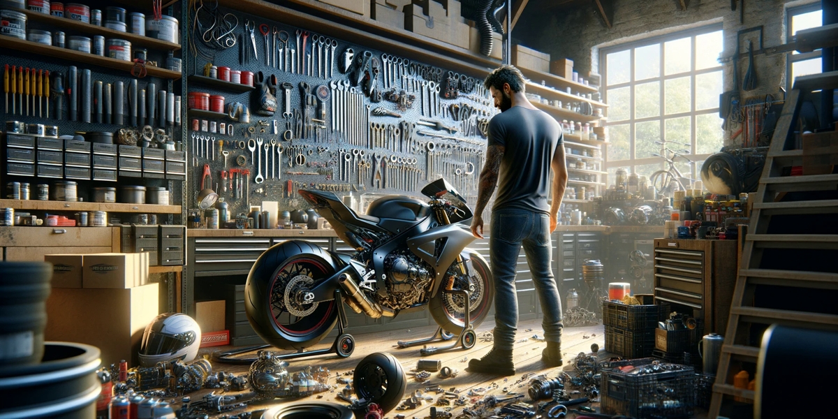 Artigiano in officina concentra sulla personalizzazione di una moto, circondato da parti di moto e utensili, con enfasi sulla luce naturale.